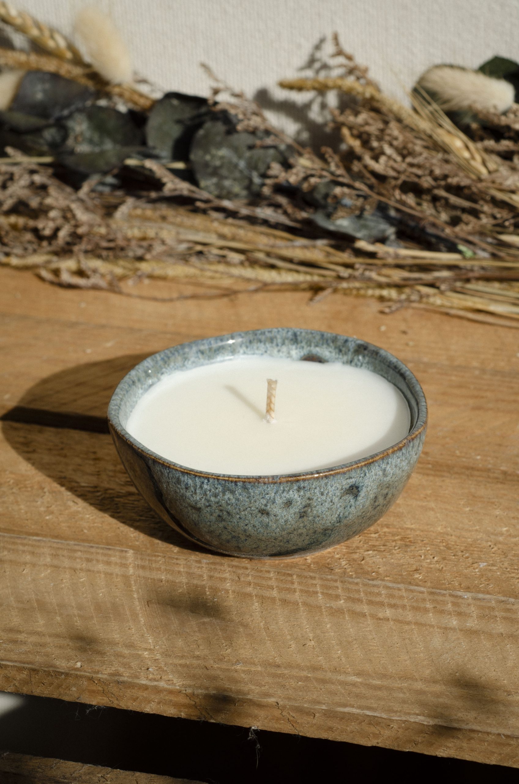 Bougie petit bol gris reflets bleu