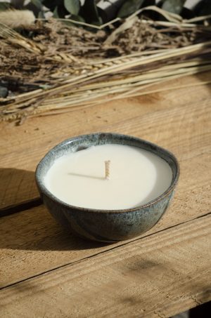Bougie petit bol gris reflets bleu